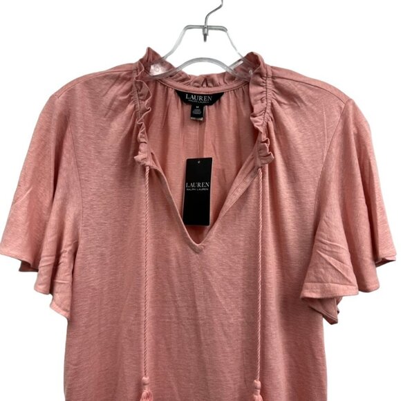 LAUREN Ralph Lauren Jersey Tie Neck Top, Ruffle Short Sleeve, Rose Pink - Picture 3 of 4